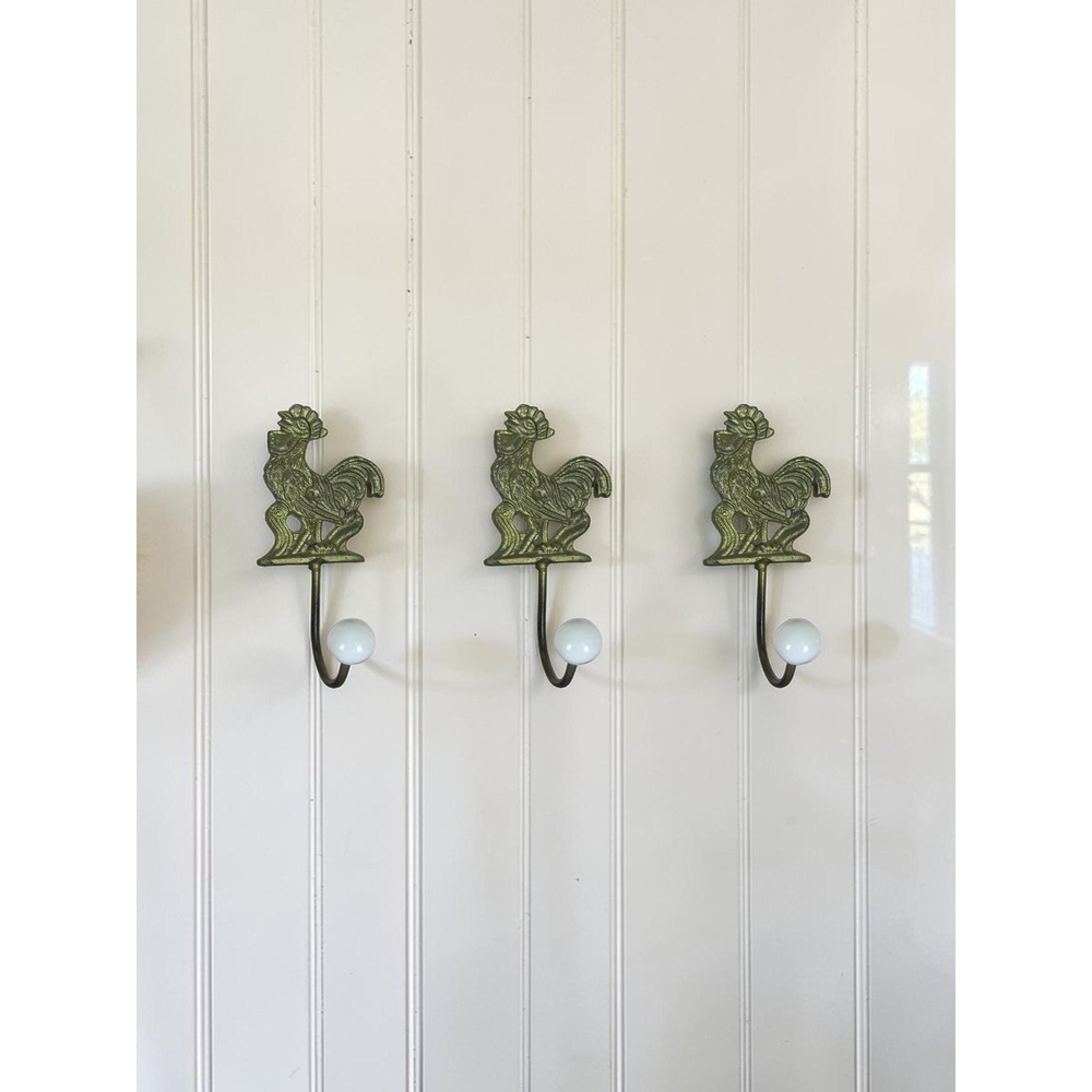 Set of 3 - Vintage Brass Rooster Wall Hooks - Cottage Kitchen Coat/Towel Hooks